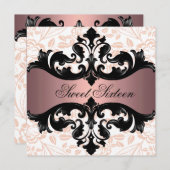 Invitation d'anniversaire rose & noir Floral Damas (Devant / Derrière)