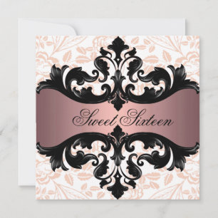 Invitation d'anniversaire rose & noir Floral Damas