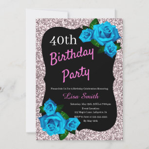 Invitation d'anniversaire rose pailletée et roses