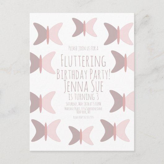 Invitation d'anniversaire rose pastel papillon boh (Devant)