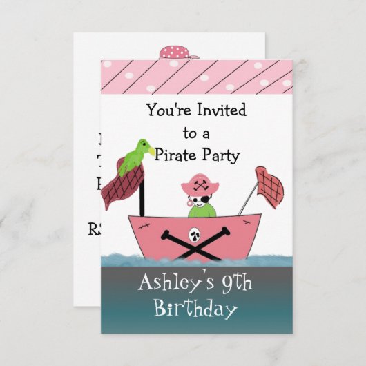 Invitation d'anniversaire rose Pirate (Devant / Derrière)