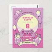 Invitation d'anniversaire rose pour enfants jeuxfe (Devant / Derrière)