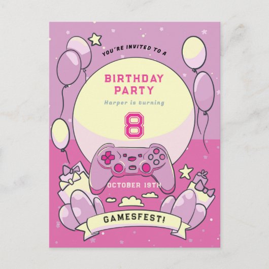 Invitation d'anniversaire rose pour enfants jeuxfe (Devant)