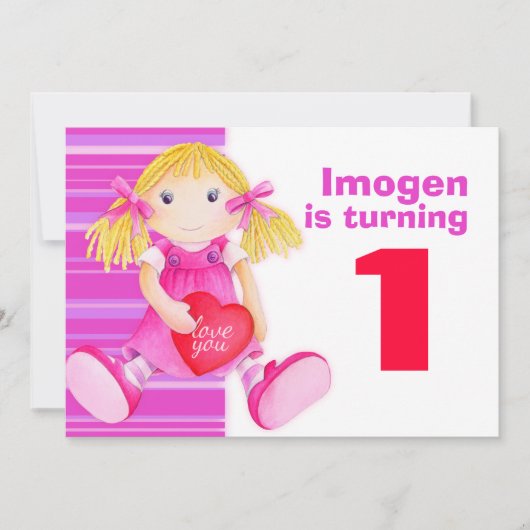 Invitation d'anniversaire rose pour poupée de fill (Devant)