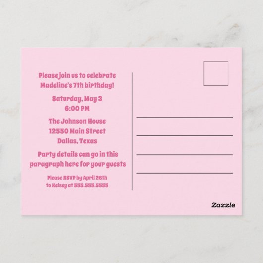 Invitation d'anniversaire rose pour une soirée pyj (Dos)