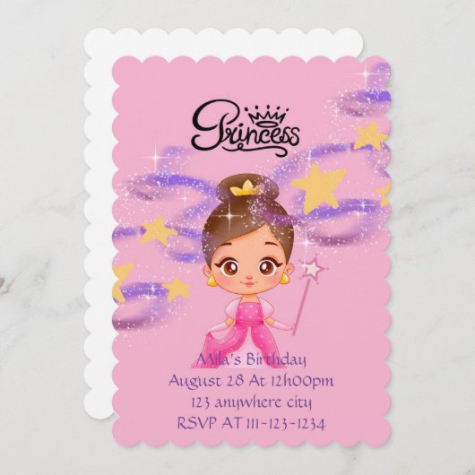 Invitation d'anniversaire rose princesse (Devant / Derrière)