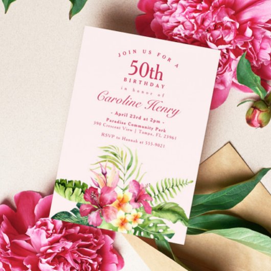 Invitation d'anniversaire rose tropicale
