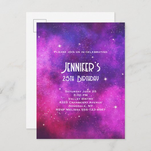 Invitation d'anniversaire Rose & Violet Espace & É (Devant / Derrière)