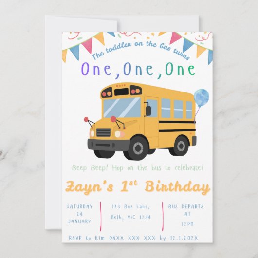 Invitation d'anniversaire Roues sur le bus (Devant)