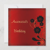 Invitation d'anniversaire rouge effrangé avec flor (Dos)