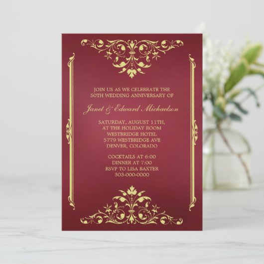 Invitation d'anniversaire rouge et or victorienne (Debout devant)