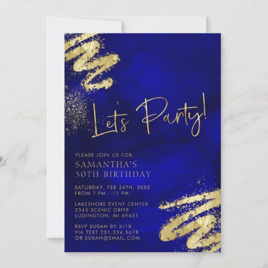 Invitation d'anniversaire Royal Blue et Gold (Devant)