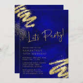 Invitation d'anniversaire Royal Blue et Gold (Devant / Derrière)