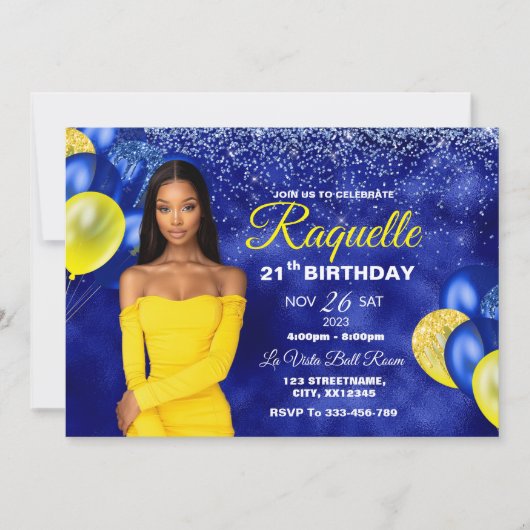 Invitation d'anniversaire Royal Blue et Jaune (Devant)