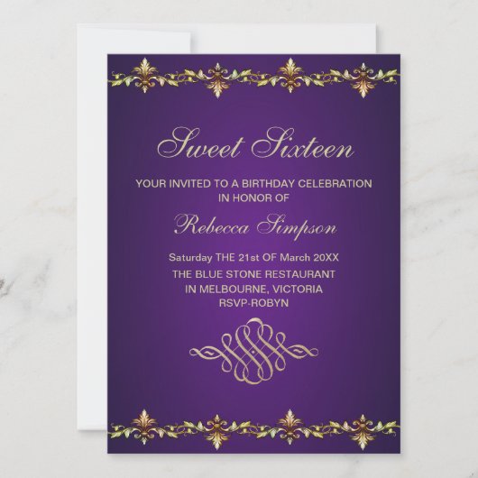 Invitation d'anniversaire Royale Violette & Feuill (Devant)