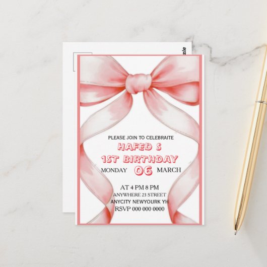 Invitation d'anniversaire Ruban Rose Coquette, 13e (Devant/Arrière en situation)