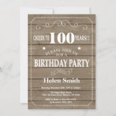 Invitation d'anniversaire rustique 100 ans (Devant)