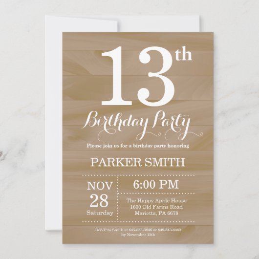 Invitation d'anniversaire rustique 13 ans (Devant)