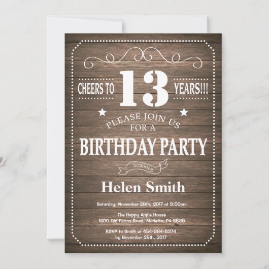 Invitation d'anniversaire rustique 13 ans (Devant)