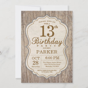 Invitation d'anniversaire rustique 13 ans en bois
