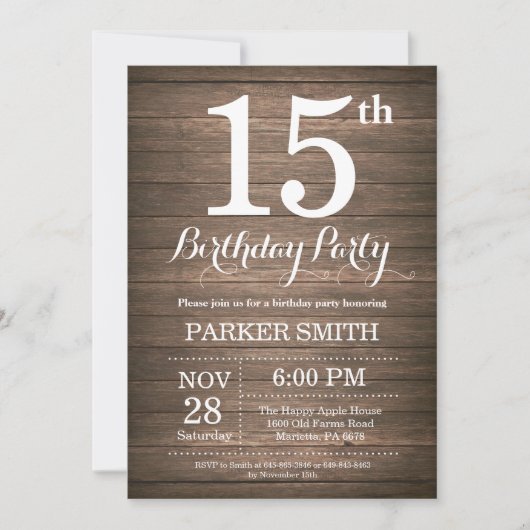 Invitation d'anniversaire rustique 15 ans (Devant)