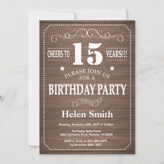 Invitation d'anniversaire rustique 15 ans (Devant)