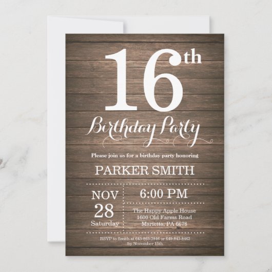 Invitation d'anniversaire rustique 16 ans (Devant)