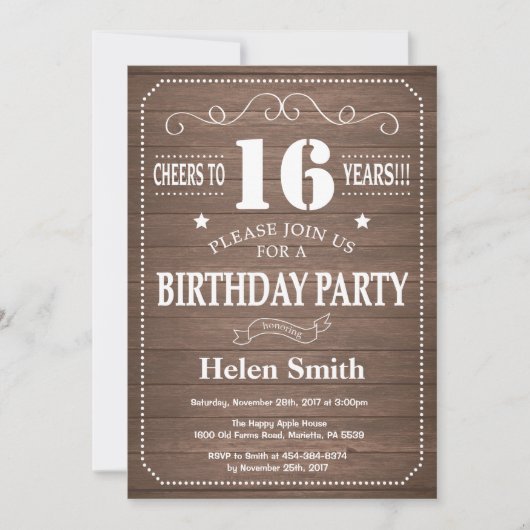 Invitation d'anniversaire rustique 16 ans (Devant)
