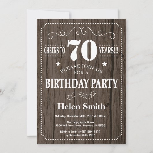 Invitation d'anniversaire rustique 70 ans (Devant)