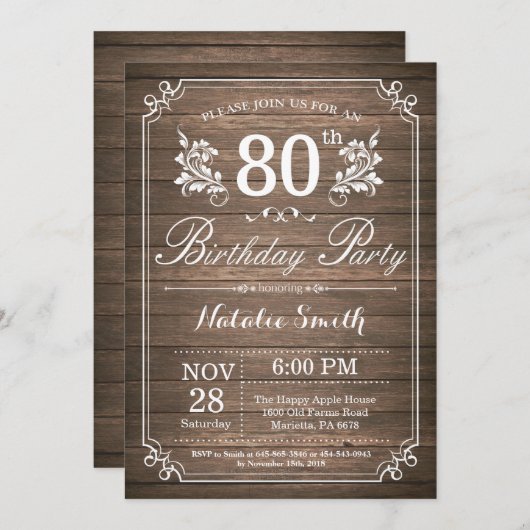 Invitation d'anniversaire rustique 80 ans Floral (Devant / Derrière)