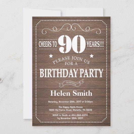 Invitation d'anniversaire rustique 90 ans (Devant)