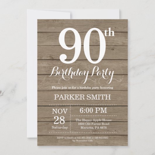 Invitation d'anniversaire rustique 90 ans (Devant)