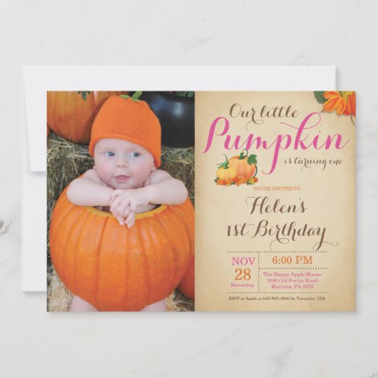 Invitation d'anniversaire rustique citrouille Prem (Devant)
