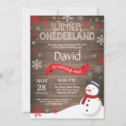 Invitation d'anniversaire rustique d'hiver Onederl (Devant)