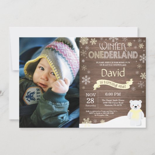 Invitation d'anniversaire rustique d'hiver Onederl (Devant)