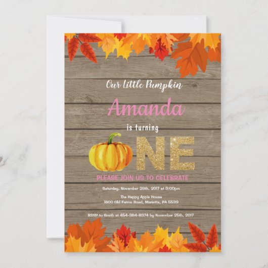 Invitation d'anniversaire Rustique Fille Citrouill (Devant)
