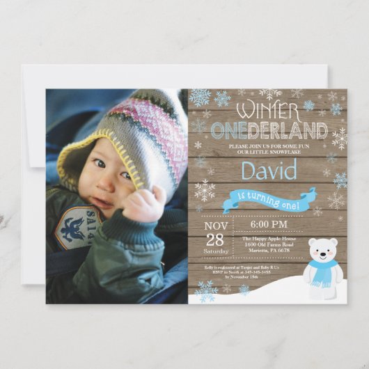 Invitation d'anniversaire rustique hiver Onederlan (Devant)