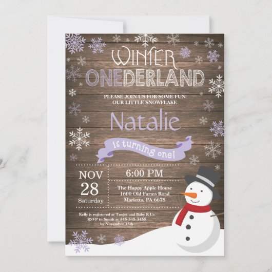 Invitation d'anniversaire rustique hiver Onederlan (Devant)