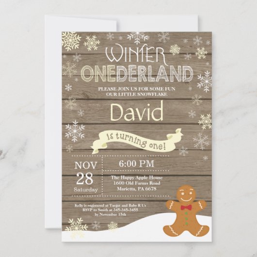 Invitation d'anniversaire rustique hiver Onederlan (Devant)