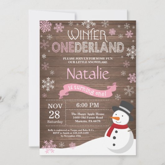 Invitation d'anniversaire rustique hiver Onederlan (Devant)
