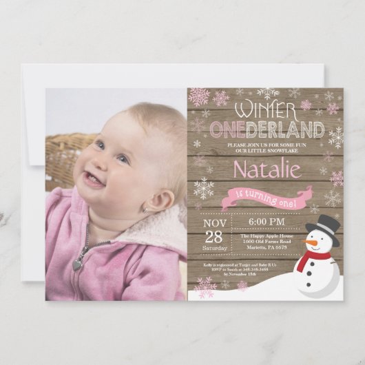 Invitation d'anniversaire rustique hiver Onederlan (Devant)