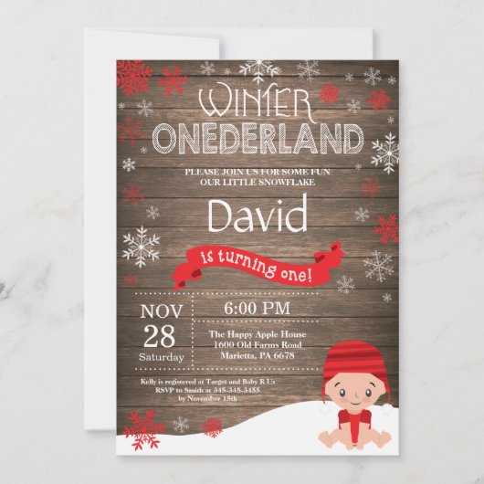 Invitation d'anniversaire rustique hiver Onederlan (Devant)