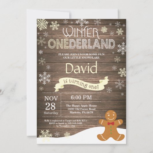 Invitation d'anniversaire rustique hiver Onederlan (Devant)