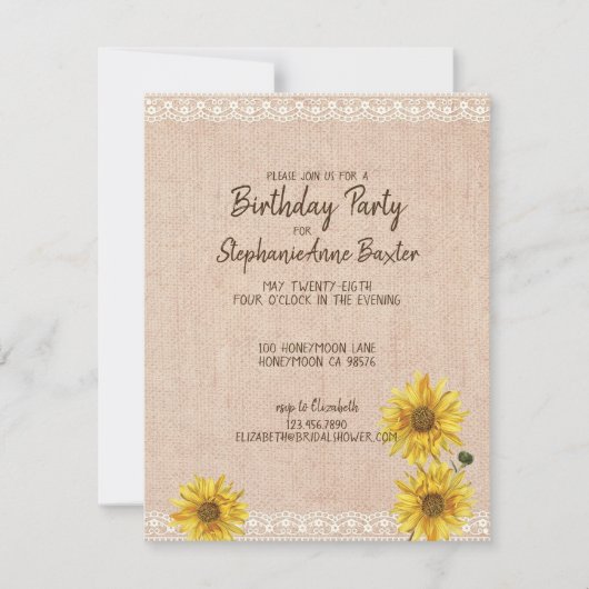 Invitation d'anniversaire Rustique Lace & Burlap S (Devant)