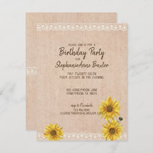 Invitation d'anniversaire Rustique Lace & Burlap S (Devant / Derrière)