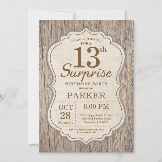 Invitation d'anniversaire Rustique Surprise 13 ans (Devant)