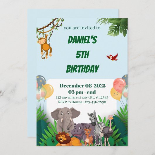 Invitation d'anniversaire Safari Jungle Animal pou (Devant / Derrière)