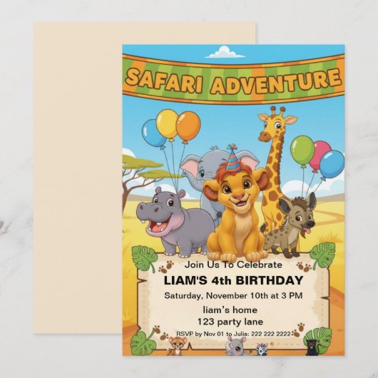 Invitation d'anniversaire Safari Jungle | annivers (Devant / Derrière)