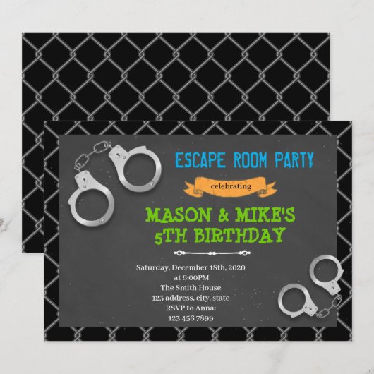 Invitation d'anniversaire salle d'évasion de priso (Devant / Derrière)