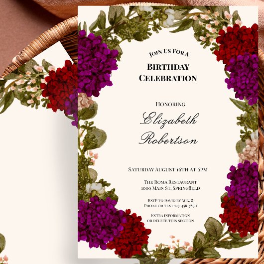Invitation d'anniversaire sans âge à bordure flora